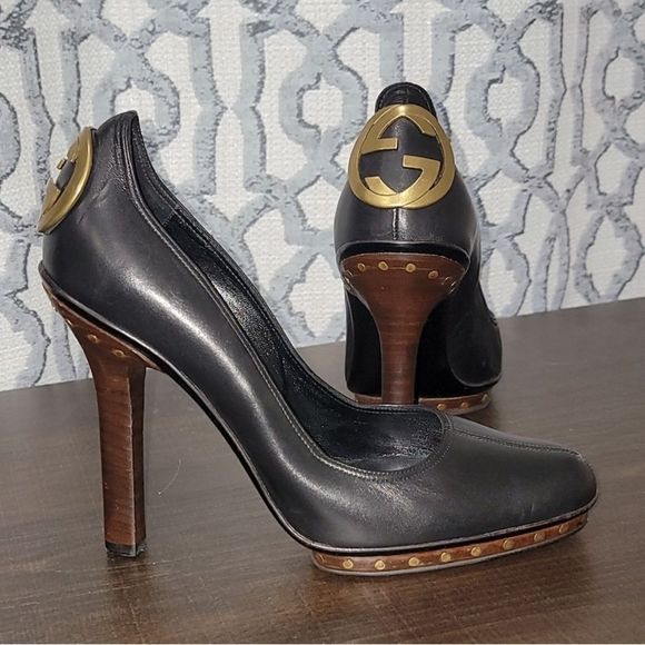 Gucci Black Leather Stud GG Logo Heels 38